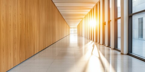 Fototapeta premium Professional Change promotion concept. Modern corridor with wooden walls and sunlight streaming through large windows.