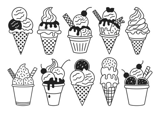 A set of black and white ice cream cones with various toppings, including chocolate sauce, whipped cream, and cherries. Vector illustrations