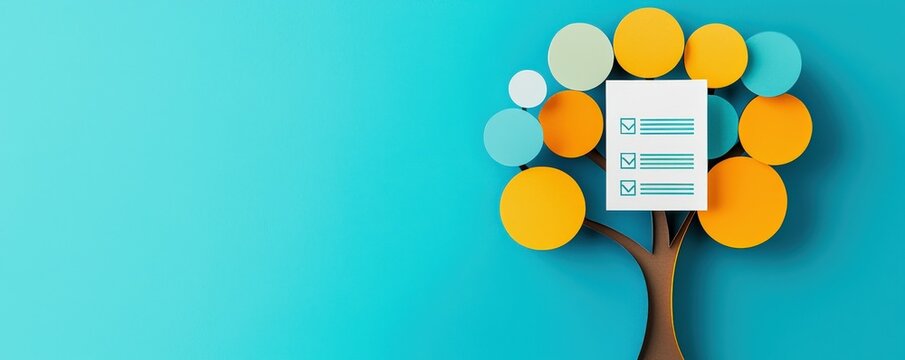 Professional Change promotion concept. Colorful tree design featuring checklist paper on a blue background.