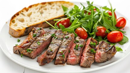 A perfectly grilled medium-rare steak, with the pink center visible and rustic bread on the side of the plate
