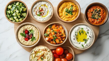 A minimalist display of small bowls of dips arranged in a circle on a light wooden board. background