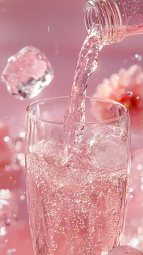 a vintage visky meridian crystal glass with pink sparkling liquid inside being poured from a smirnoff ice bottle, pink studio background, pastel color palette with red, pink, white, champagne color pa