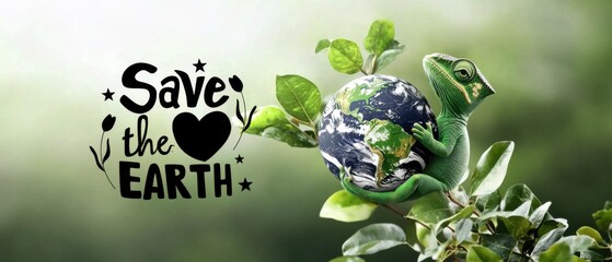 Cute green chameleon hugging planet Earth on a leafy branch with Save the Earth message, promoting environmental awareness and conservation
