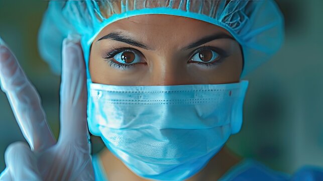 A female doctor wearing blue scrubs and a surgical mask is holding up her index finger to the camera, against a light turquoise background