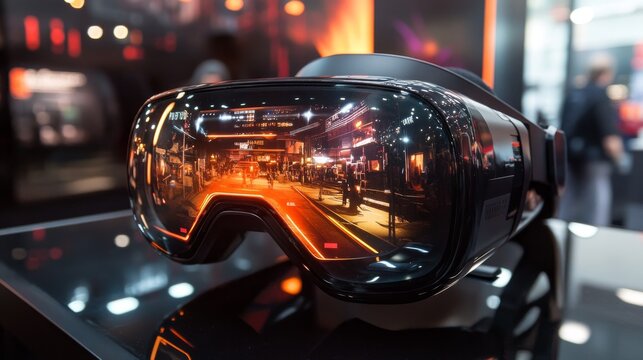 A pair of virtual reality goggles reflecting a futuristic urban landscape, highlighting advanced digital interaction. The scene emphasizes innovation in virtual environments and augmented experiences