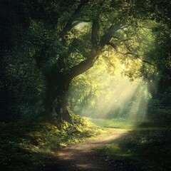 Obraz premium Tree In Forest. Dark Forest Road Leading Through Enchanted Woods