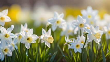 White spring flowers White daffodils blooming in spring with bokeh effect