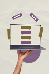 Creative pop collage of human hand hold netbook with textbox showing chatting