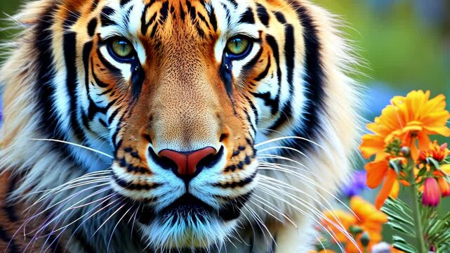 Large tiger, cat in bright meadow flowers. Perfect for wildlife documentaries, conservation campaigns or any project that seeks to evoke the mystery and power of this animal