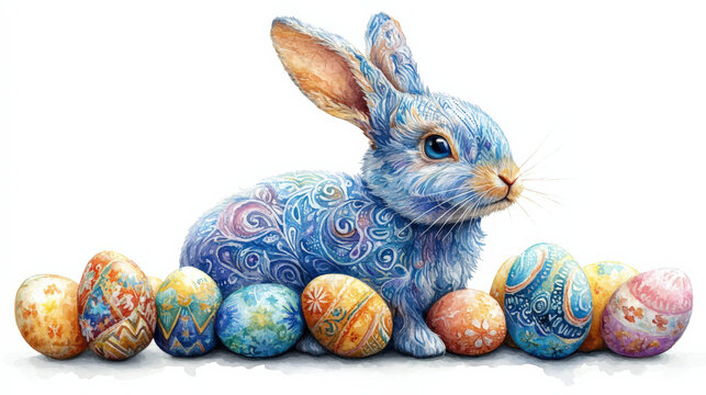 A whimsical bunny with swirl ears, decorated with a knitting pattern, easter eggs, featuring slender limbs and a serene expression, illustrated in a 2D watercolor vector style