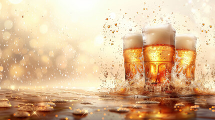 Frosty glasses of craft beer on a rustic wooden table
