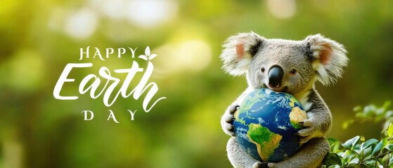 Cute Koala holding Earth globe in nature background for Happy Earth Day concept, promoting environmental awareness and conservation