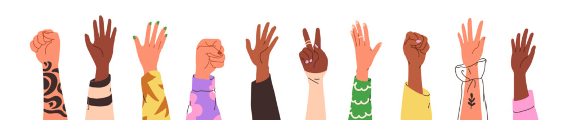 Hand signs, women arms raised up, set. Fist, clenched fingers, greeting, waving, open palm, hi, peace and victory gestures, body language. Flat vector illustration isolated on white background © Good Studio