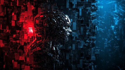 A highly detailed profile view of a futuristic robot against a split red and blue background. The scene highlights a stark contrast between the two colors, representing duality in technology and