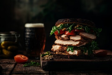 Stacked chicken sandwich with lettuce and tomato on a wooden board with beer and pickles