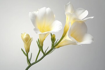 Obraz premium Beautiful white and yellow freesia flowers in full bloom showcasing delicate petals against a soft, neutral background during daylight hours