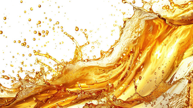 Golden beer splash wave with dynamic liquid motion isolated on white background
