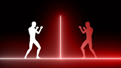 White and red neon silhouettes of two boxers fighting, separated by a bright vertical line, with the background transitioning from black to red