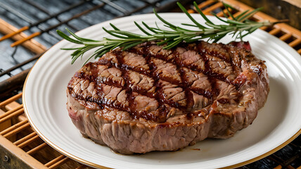 Grilled steak with rosemary on a plate