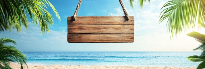 Blank wooden beach sign hanging from ropes. Summer vacation, tropical destination, beach, sea, relaxation, welcome, announcement, advertisement, empty space for text, wooden board, rustic, natural.