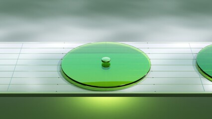 Green liquid morphing into perfect spheres on minimalist white platform, illuminated by underlying green light, symbolizing seamless transformation and dynamic change in scientific visualization