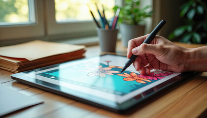 Digital artist prepares art prints for sale: hand uses graphics tablet next to stack of matching physical prints on desk. Creative side hustle bridging digital creation and e-commerce