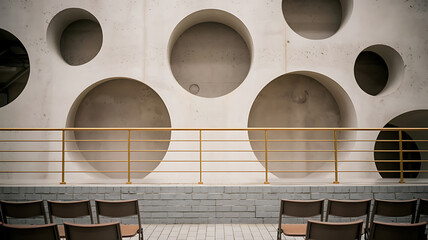 Modern architectural detail with circular voids a gold railing and seating area