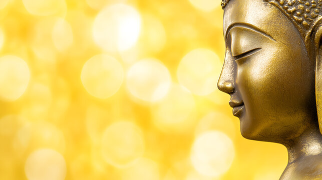 the serene side profile of a gold Buddha statue against a warm, blurred background - Powered by Adobe
