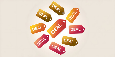 Colorful stylized price tags with the word DEAL scattered on a light background