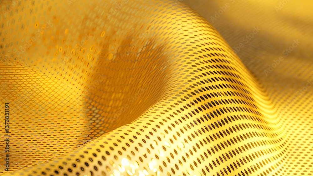 Poster golden perforated metal cloth undulating with soft shadows and luminous reflections, creating elegan