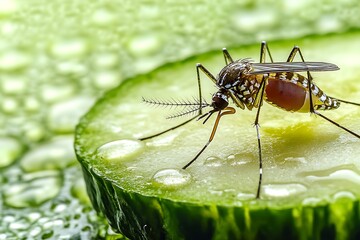 Naklejka premium Close-up of Aedes aegypti mosquito on a fresh green cucumber, dew drops adding texture.