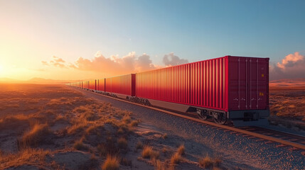 Fototapeta premium Cargo Train at Sunset. A cargo train transports goods across a desolate landscape at sunset, symbolizing transport of the future.