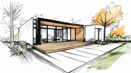 Architectural sketch of a modern house in a minimalist style with a manicured yard. Hand drawn minimalistic sketches.