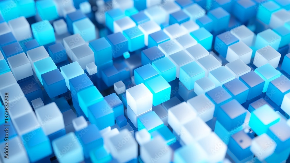 Poster abstract animation of blue and white cubes moving smoothly, creating a visually appealing and dynami
