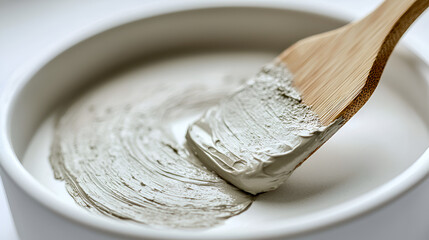 Wooden spatula mixing gray clay in a white bowl, macro shot showing texture and pattern details.