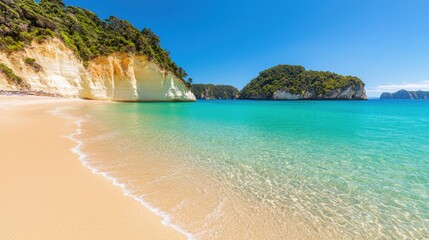 Fototapeta premium A serene beach scene featuring clear turquoise waters, soft sandy shores, and lush green cliffs under a bright blue sky.