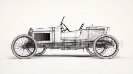 Fototapeta premium A precise wireframe sketch of a vintage car, showcasing its classic structure and design. The monochrome drawing provides a detailed view, perfect for engineering or historical automotive projects
