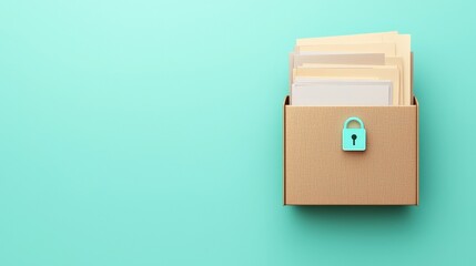 protect prevention policy concept. Organized files in a locked box against a teal background.