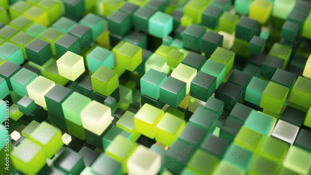 Poster geometric green and white cubes bouncing slightly, glowing on pristine white background, creating dy