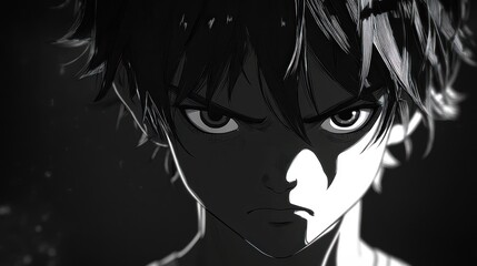 Fototapeta premium Intense Monochrome Anime Boy Portrait: A Glowering Gaze