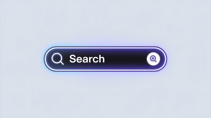 A neon-blue outlined search bar with the word Search and magnifying glass icons