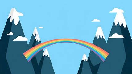 Colorful rainbow arches over snow-capped mountains Simple cheerful landscape