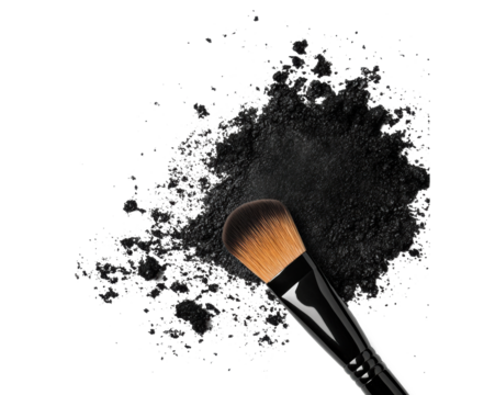 Black cosmetic powder with a brush for makeup application on a transparent background, cut out