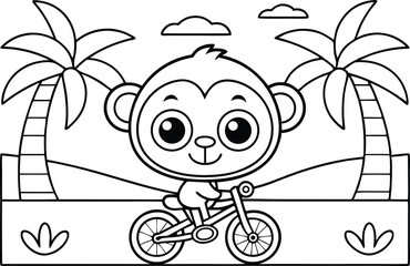 Outline Cartoon Monkey Cycling Under Palm Trees with Transparent Background Design