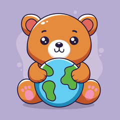 Cute cartoon teddy bear holding earth day vector 