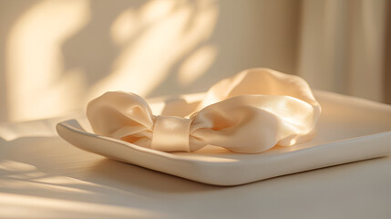 Elegant head accessory: A satin bow headband rests gracefully on a minimalist white tray, bathed in sunlight.
