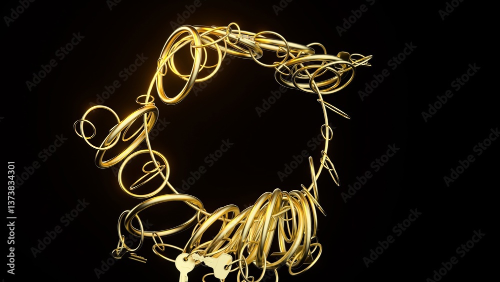 Poster golden keys and rings are rotating, creating dynamic visuals against a black background, forming an 