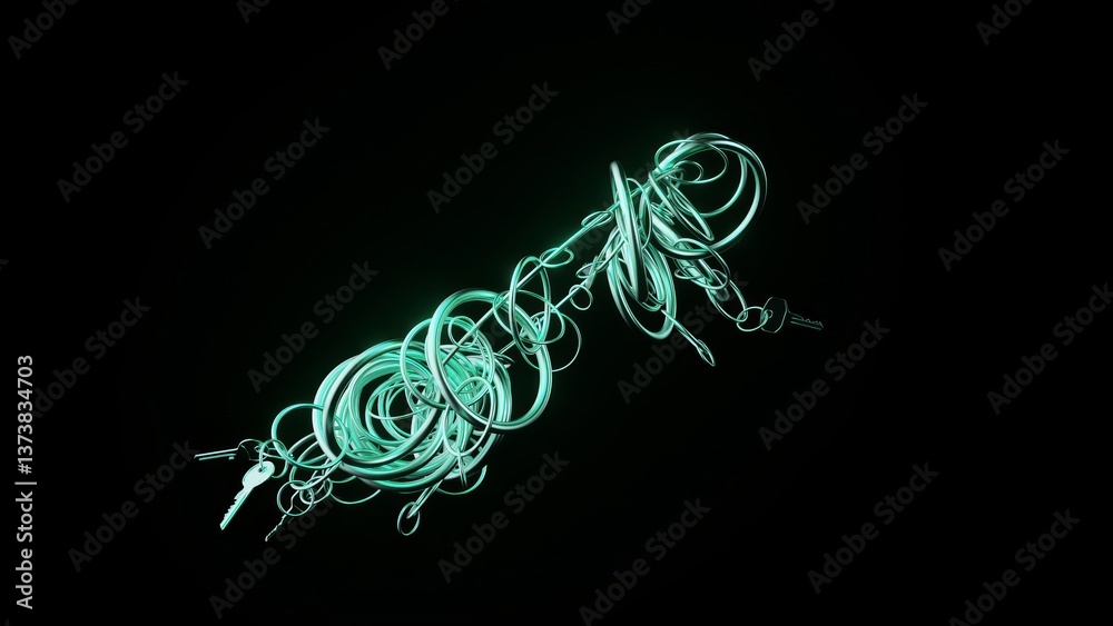 Poster multiple silver keys with glowing green rings attached are dynamically transforming and rotating aga