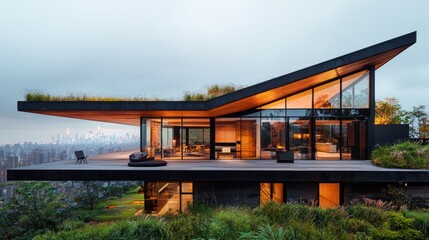 Modern house with rooftop garden overlooking city
