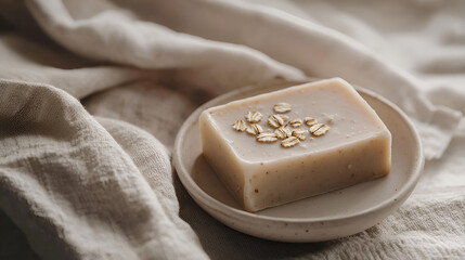 Oatmeal soap bar on a ceramic dish, resting on a textured linen cloth in a neutral, calming setting.